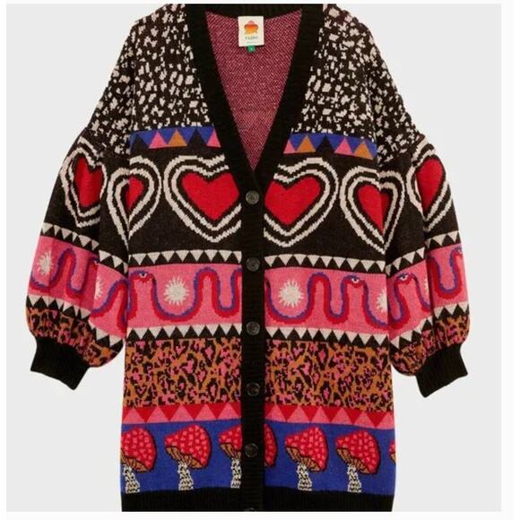 Farm Rio Ainika Elements Cardigan Sweater M Pink Heart Mushroom Pink Boho - Picture 1 of 10